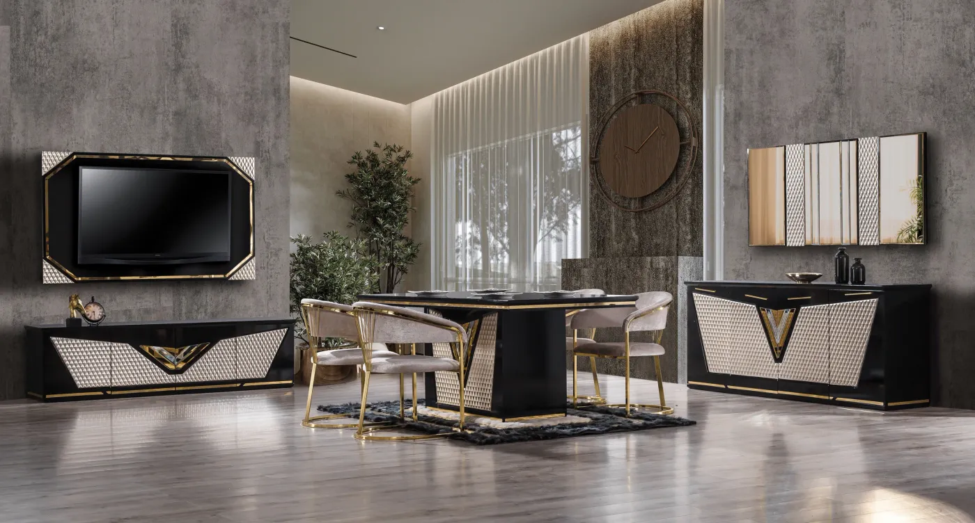 Angel Pro dining suite with black lacquer table, upholstered chairs and buffet