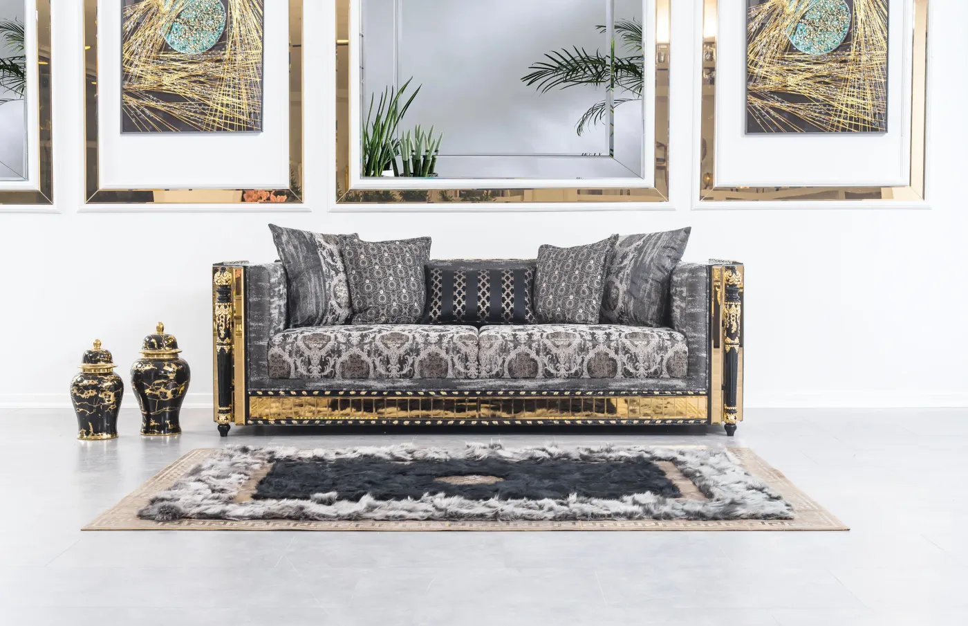 Lagos suite in grey patterned fabric with ornate gold tassel frames, from the Luxury Collection